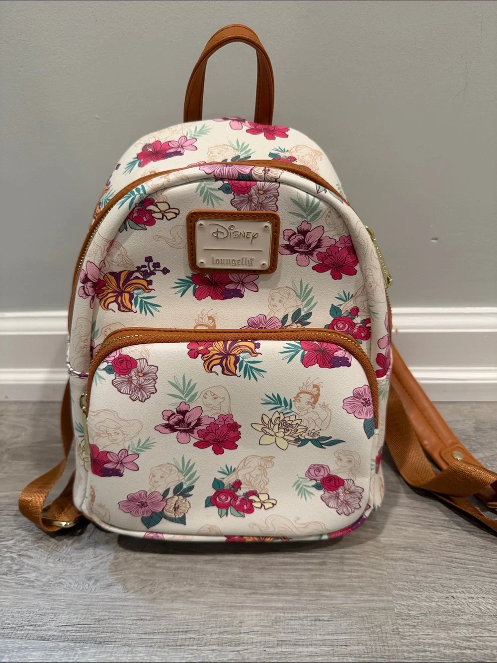 Loungefly Disney Floral Mini Backpack in White with Pink, Purple & Tan Accents - Picture 1 of 4